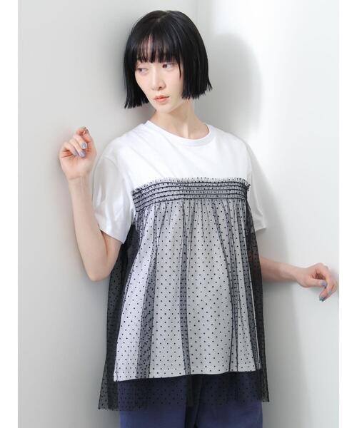 Samansa Mos2(サマンサ モスモス)の「◇【接触冷感/UVカット】ドットチュールドッキングTシャツ(Tシャツ/カットソー・レディース・オフホワイト/ブラック/チャコールグレー/シルバーグレー・F)」の8枚目の写真