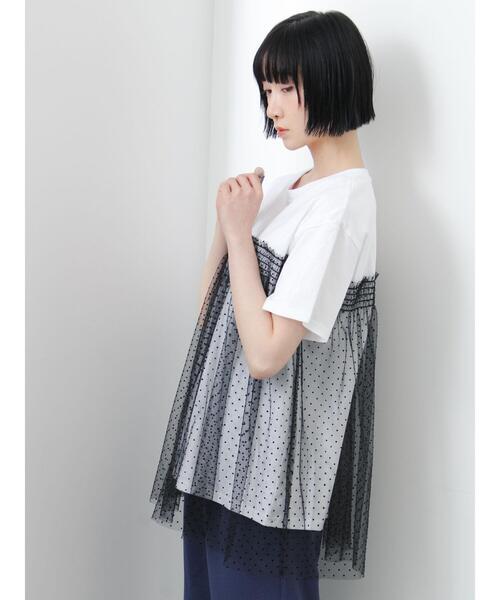 Samansa Mos2(サマンサ モスモス)の「◇【接触冷感/UVカット】ドットチュールドッキングTシャツ(Tシャツ/カットソー・レディース・オフホワイト/ブラック/チャコールグレー/シルバーグレー・F)」の9枚目の写真