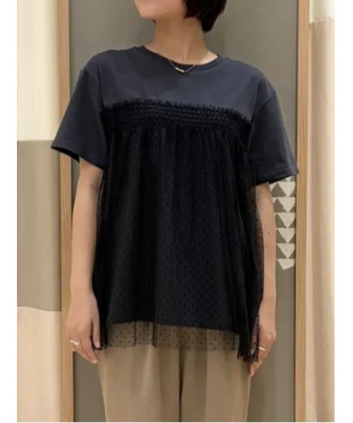 Samansa Mos2(サマンサ モスモス)の「◇【接触冷感/UVカット】ドットチュールドッキングTシャツ(Tシャツ/カットソー・レディース・オフホワイト/ブラック/チャコールグレー/シルバーグレー・F)」の3枚目の写真