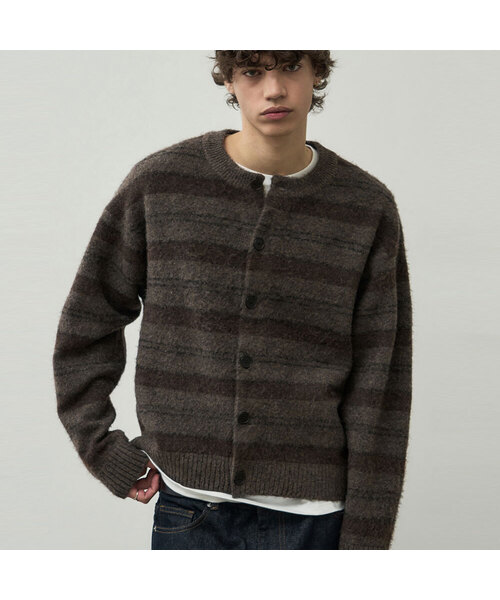 Heather Striped Crop Knit Cardigan [Brown]
