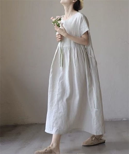 FREE STYLISTS(フリー スタイリスト)の「ウエストリボン麻綿半袖ワンピース(ワンピース・レディース・ベージュ/ブラック/ピンク/ネイビー・M/L)」の2枚目の写真