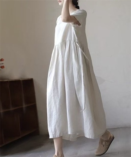 FREE STYLISTS(フリー スタイリスト)の「ウエストリボン麻綿半袖ワンピース(ワンピース・レディース・ベージュ/ブラック/ピンク/ネイビー・M/L)」の9枚目の写真