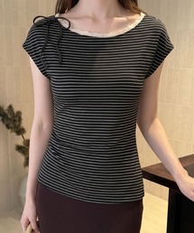 ボーダー柄 レースデザイン リボン付き フレンチスリーブTシャツ