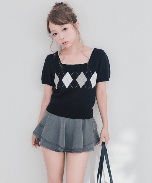 OLIVE des OLIVE(オリーブデオリーブ)の「Back Ribbon アーガイルトップス(ニット/セーター・レディース・トップグレー/ピンク/ブラック/ブラウン・FREE)」の19枚目の写真