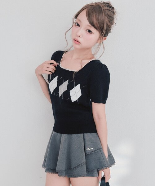 OLIVE des OLIVE(オリーブデオリーブ)の「Back Ribbon アーガイルトップス(ニット/セーター・レディース・トップグレー/ピンク/ブラック/ブラウン・FREE)」の21枚目の写真