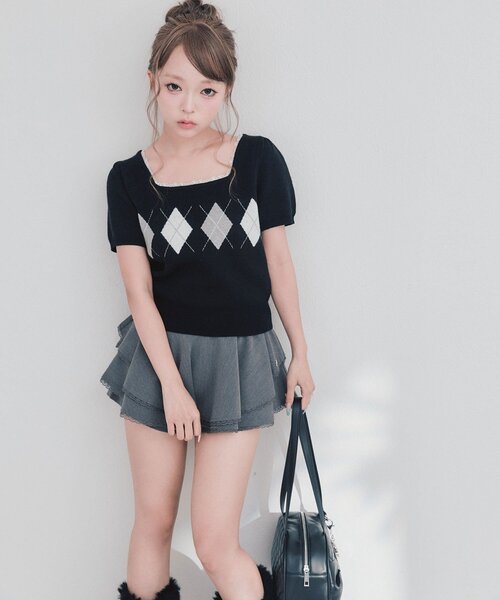 OLIVE des OLIVE(オリーブデオリーブ)の「Back Ribbon アーガイルトップス(ニット/セーター・レディース・トップグレー/ピンク/ブラック/ブラウン・FREE)」の22枚目の写真