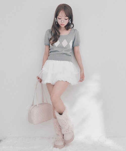 OLIVE des OLIVE(オリーブデオリーブ)の「Back Ribbon アーガイルトップス(ニット/セーター・レディース・トップグレー/ピンク/ブラック/ブラウン・FREE)」の13枚目の写真