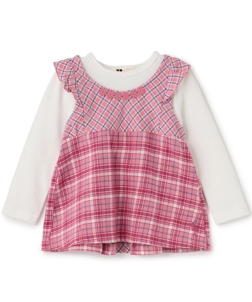 KP(ケーピー)の「チェック生地ドッキングチュニック(Tシャツ/カットソー・キッズ・ピンク/ライトブルーグレー・90cm/100cm/110cm/120cm/130cm)」の1枚目の写真