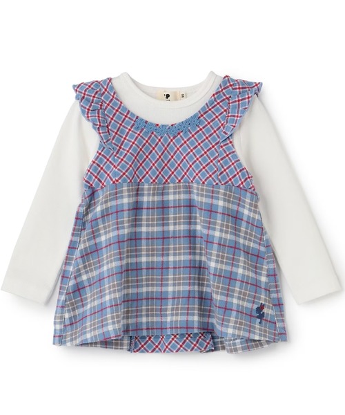 KP(ケーピー)の「チェック生地ドッキングチュニック(Tシャツ/カットソー・キッズ・ピンク/ライトブルーグレー・90cm/100cm/110cm/120cm/130cm)」の2枚目の写真