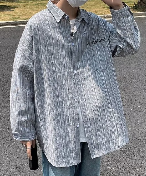 DOUBLE STEAL(ダブルスティール)の「DSオーバーサイズランダムストライプ長袖シャツ(シャツ/ブラウス・メンズ・ブルー/グレー/ベージュ・X-LARGE/LARGE/MEDIUM)」の2枚目の写真