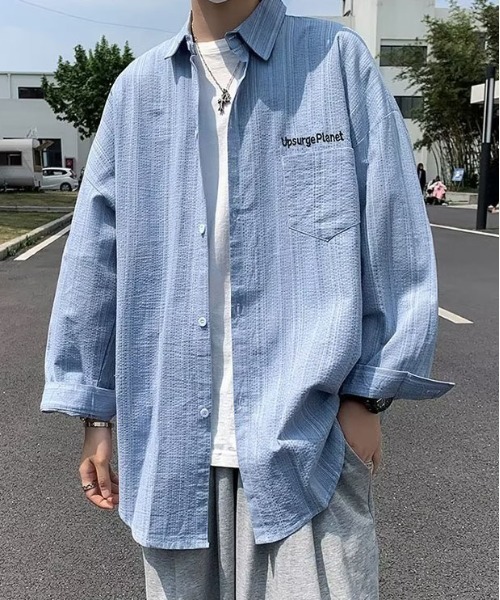 DOUBLE STEAL(ダブルスティール)の「DSオーバーサイズランダムストライプ長袖シャツ(シャツ/ブラウス・メンズ・ブルー/グレー/ベージュ・X-LARGE/LARGE/MEDIUM)」の4枚目の写真