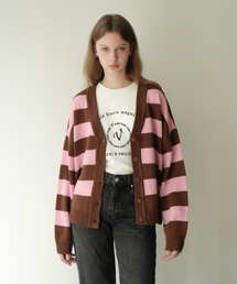 Wool Stripe V-neck Knit Cardigan (Brown)