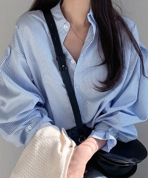 DRESS PLUS(ドレスプラス)の「オーバーサイズストライプ長袖シャツブラウス(シャツ/ブラウス・レディース・ブラック/ブルー・フリー)」の11枚目の写真