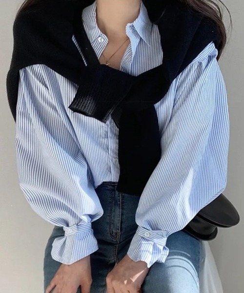 DRESS PLUS(ドレスプラス)の「オーバーサイズストライプ長袖シャツブラウス(シャツ/ブラウス・レディース・ブラック/ブルー・フリー)」の14枚目の写真
