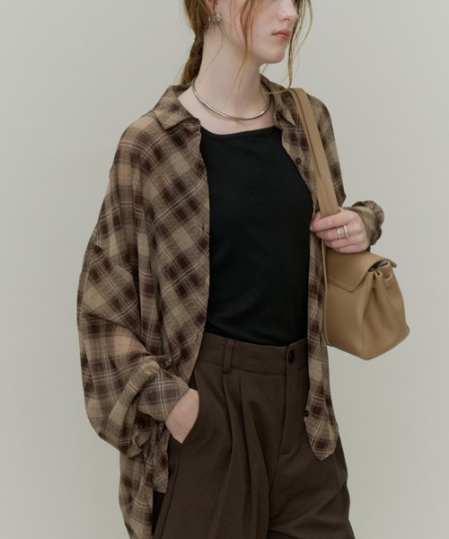 Plumel(プルメル)の「Bias Check Sheer Shirt & Tank / バイアスシアーチェックシャツ&タンク(シャツ/ブラウス・レディース・ブラウン/ブラック・MEDIUM)」の12枚目の写真