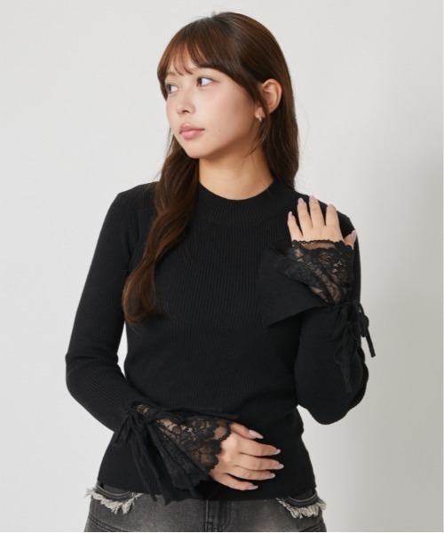 GORGE(ゴージ)の「袖レースアップリボン リブニット|全3色(ニット/セーター・レディース・ボルドー/オフホワイト/ブラック・F)」の4枚目の写真
