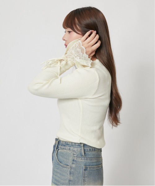 GORGE(ゴージ)の「袖レースアップリボン リブニット|全3色(ニット/セーター・レディース・ボルドー/オフホワイト/ブラック・F)」の11枚目の写真