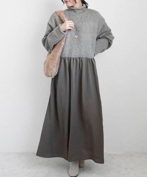 SELECT LEVERY(セレクトリベリー)の「ポケット付きニットドッキングワンピ―ス(ワンピース・レディース・ブラック/カーキ/チャコール・MEDIUM)」の3枚目の写真