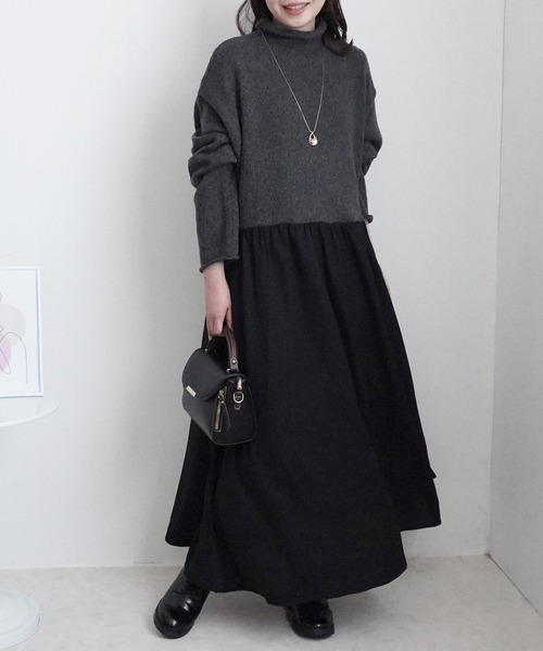 SELECT LEVERY(セレクトリベリー)の「ポケット付きニットドッキングワンピ―ス(ワンピース・レディース・ブラック/カーキ/チャコール・MEDIUM)」の2枚目の写真