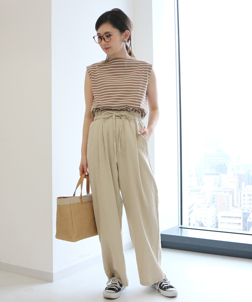 自由区ワイドパンツ麻100% antiqua ツイルタックワイドパンツ パンツ レディース ボトムス