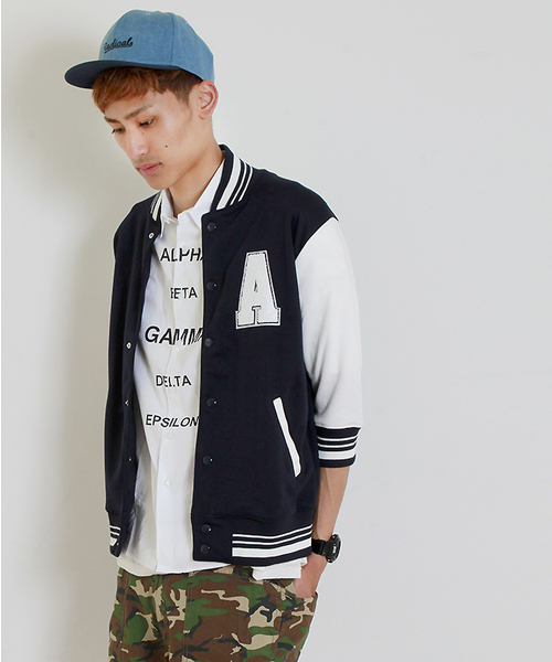 WEGO（ウィゴー）の「WEGO/7分袖ポンチスタジャン（スタジャン・メンズ・杢グレー/ブルー/ネイビー・LARGE/MEDIUM）」の2枚目の写真