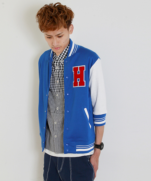 WEGO（ウィゴー）の「WEGO/7分袖ポンチスタジャン（スタジャン・メンズ・杢グレー/ブルー/ネイビー・LARGE/MEDIUM）」の3枚目の写真