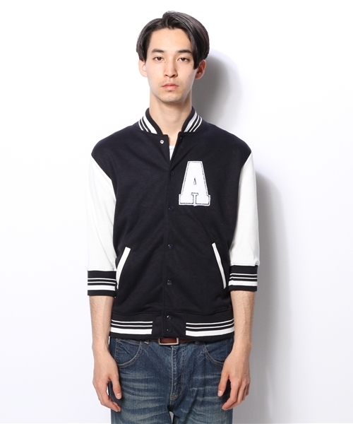 WEGO（ウィゴー）の「WEGO/7分袖ポンチスタジャン（スタジャン・メンズ・杢グレー/ブルー/ネイビー・LARGE/MEDIUM）」の9枚目の写真