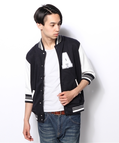 WEGO（ウィゴー）の「WEGO/7分袖ポンチスタジャン（スタジャン・メンズ・杢グレー/ブルー/ネイビー・LARGE/MEDIUM）」の4枚目の写真