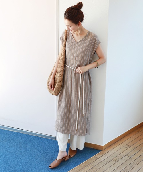 セール ロープベルト付きリネンライクストライプフレンチスリーブワンピース ワンピース And Me アンドミー のファッション通販 Zozotown