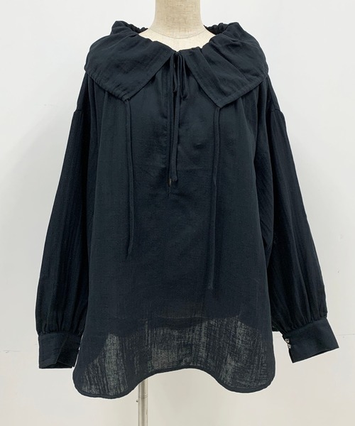 PICCIN（ピッチン）の「コットンダブルガーゼギャザーカラーブラウス（シャツ/ブラウス・レディース・ブラック/オフホワイト・M）」の3枚目の写真