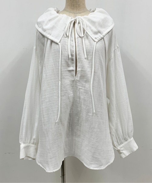 PICCIN（ピッチン）の「コットンダブルガーゼギャザーカラーブラウス（シャツ/ブラウス・レディース・ブラック/オフホワイト・M）」の4枚目の写真