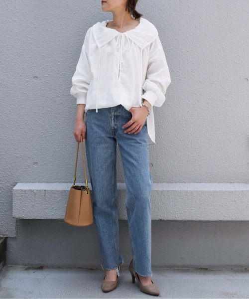 PICCIN（ピッチン）の「コットンダブルガーゼギャザーカラーブラウス（シャツ/ブラウス・レディース・ブラック/オフホワイト・M）」の17枚目の写真