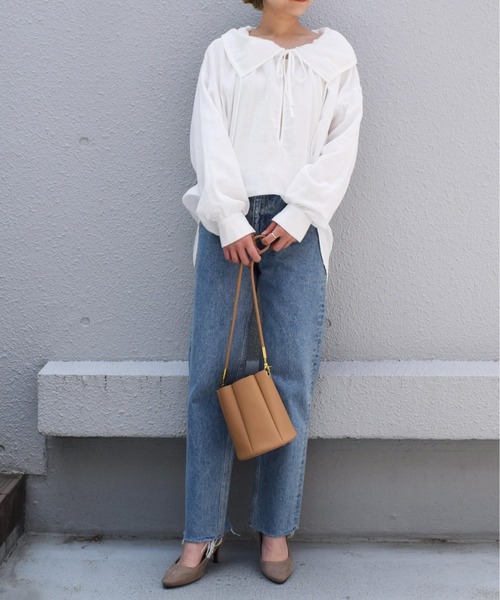 PICCIN（ピッチン）の「コットンダブルガーゼギャザーカラーブラウス（シャツ/ブラウス・レディース・ブラック/オフホワイト・M）」の14枚目の写真