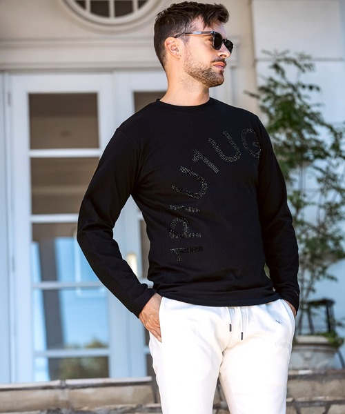 1PIU1UGUALE3  RELAX （ウノピゥウノウグァーレトレ リラックス）の「1PIU1UGUALE3 RELAX(ウノピゥウノウグァーレトレ)ラインストーンロゴ スマートシルエット 長袖Tシャツ（Tシャツ/カットソー・メンズ・ホワイト/ブラック/ブラック×ブラック・S/M/L/XL/XXL）」の10枚目の写真