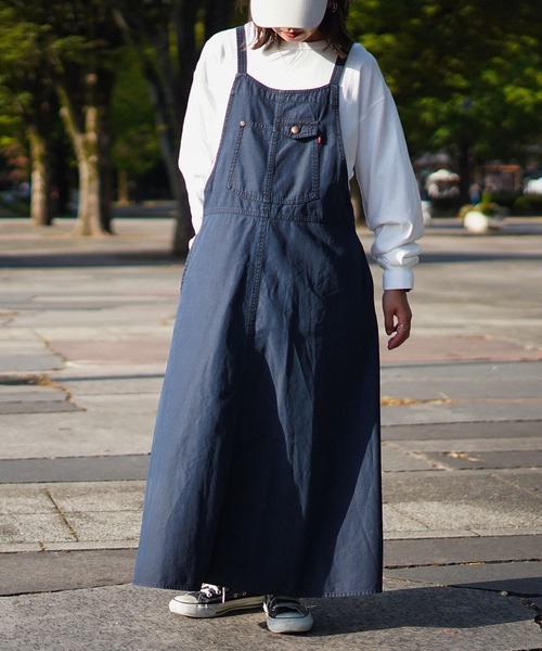 grn（ジーアールエヌ）の「［grn ジーアールエヌ］8.6oz DENIM / 20 BACK TWILL JUNPER SKIRT / ジャンパースカート GL733077Q（ジャンパースカート・レディース・カーキ/ライトインディゴブルー/ブラウン/ブラック/ブルー系その他/ベージュ/ストライプ/ブラック系その他/インディゴブルー/アイボリー/ネイビー/ケミカルウォッシュ・FREE）」の8枚目の写真