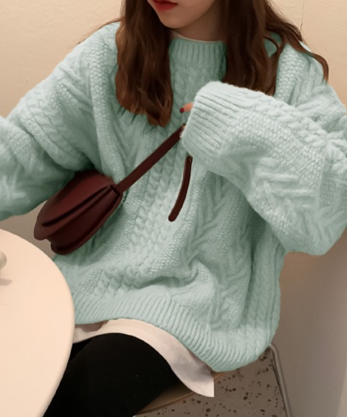 Girly Doll(ガーリードール)の「パッチワークケーブルニット(ニット/セーター・レディース・ベージュ/パープル/カーキ/ブラウン/ピンク/ブルーグレー/モカ/グリーン・FREE)」の6枚目の写真