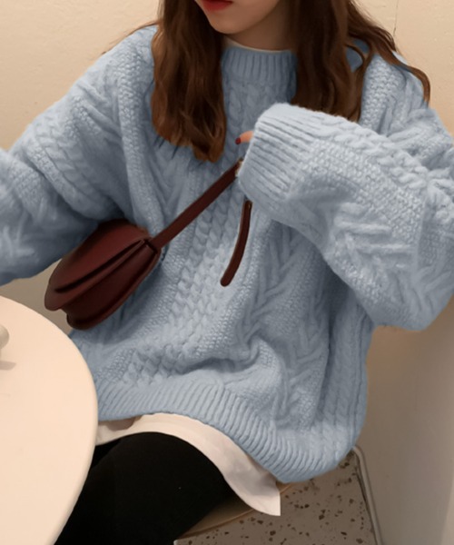 Girly Doll(ガーリードール)の「パッチワークケーブルニット(ニット/セーター・レディース・ベージュ/パープル/カーキ/ブラウン/ピンク/ブルーグレー/モカ/グリーン・FREE)」の2枚目の写真