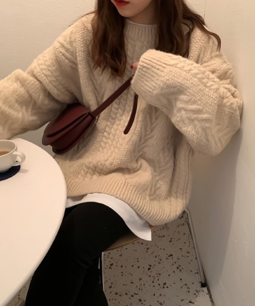 Girly Doll(ガーリードール)の「パッチワークケーブルニット(ニット/セーター・レディース・ベージュ/パープル/カーキ/ブラウン/ピンク/ブルーグレー/モカ/グリーン・FREE)」の16枚目の写真