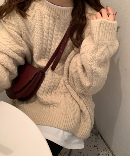 Girly Doll(ガーリードール)の「パッチワークケーブルニット(ニット/セーター・レディース・ベージュ/パープル/カーキ/ブラウン/ピンク/ブルーグレー/モカ/グリーン・FREE)」の18枚目の写真
