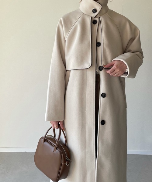y/m by misato（イムバイミサト）の「フェイクウールパイピングスタンドカラーコート（その他アウター・レディース・モカ/アイボリー/ブラウン・FREE）」の4枚目の写真