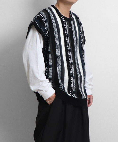 セール】ヴィンテージライク レトロジャガードストライプ柄 3Dニット