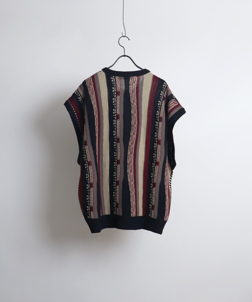 セール】ヴィンテージライク レトロジャガードストライプ柄 3Dニット