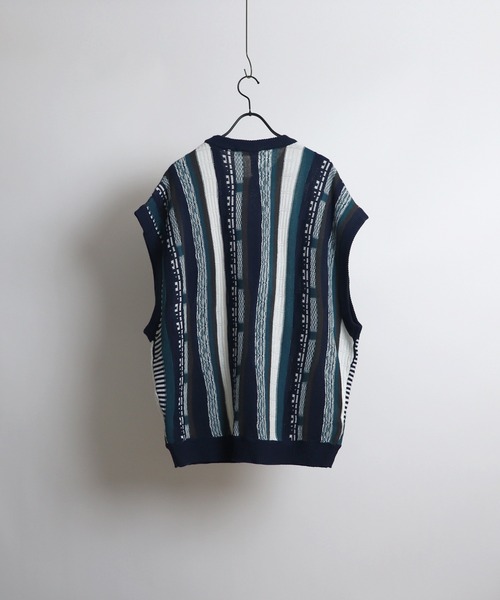 セール】ヴィンテージライク レトロジャガードストライプ柄 3Dニット