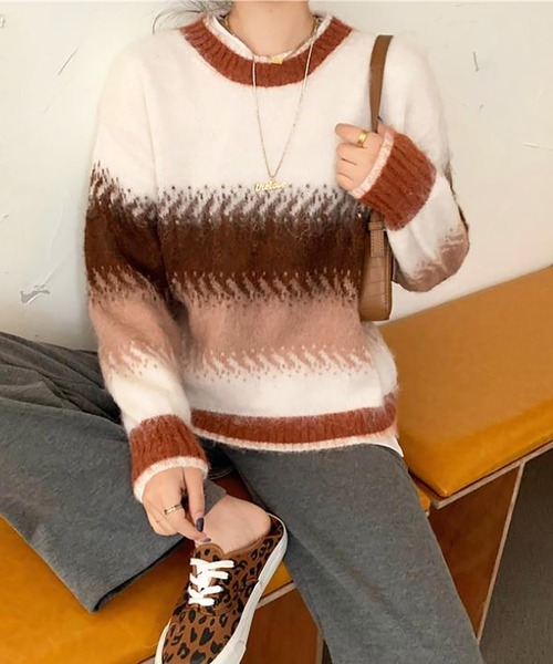 Girly Doll(ガーリードール)の「ニットトップス(ニット/セーター・レディース・ネイビー/ブラウン・F)」の3枚目の写真
