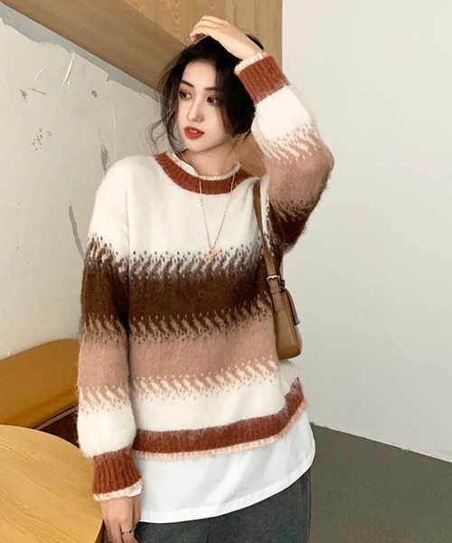 Girly Doll(ガーリードール)の「ニットトップス(ニット/セーター・レディース・ネイビー/ブラウン・F)」の4枚目の写真