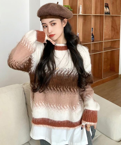 Girly Doll(ガーリードール)の「ニットトップス(ニット/セーター・レディース・ネイビー/ブラウン・F)」の7枚目の写真
