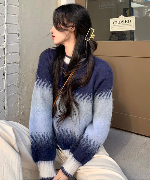 Girly Doll(ガーリードール)の「ニットトップス(ニット/セーター・レディース・ネイビー/ブラウン・F)」の9枚目の写真