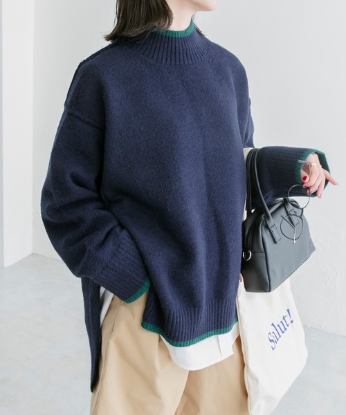 BONLECILL(ボンルシール)の「サイドスリット 配色パイピングハイネックオーバーニットプルオーバー(ニット/セーター・レディース・ブルー/アイボリー/ピンク/ネイビー/パープル・FREE)」の13枚目の写真