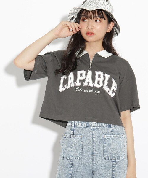 PINK-latte(ピンクラテ)の「◆襟配色ハーフジップTシャツ(Tシャツ/カットソー・キッズ・アイボリー/チャコールグレー/ダークグリーン/ライトブルー・14/15 /16)」の3枚目の写真