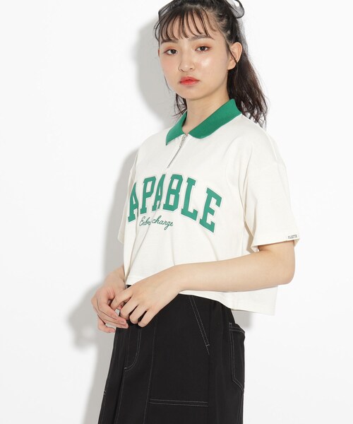 PINK-latte(ピンクラテ)の「◆襟配色ハーフジップTシャツ(Tシャツ/カットソー・キッズ・アイボリー/チャコールグレー/ダークグリーン/ライトブルー・14/15 /16)」の2枚目の写真